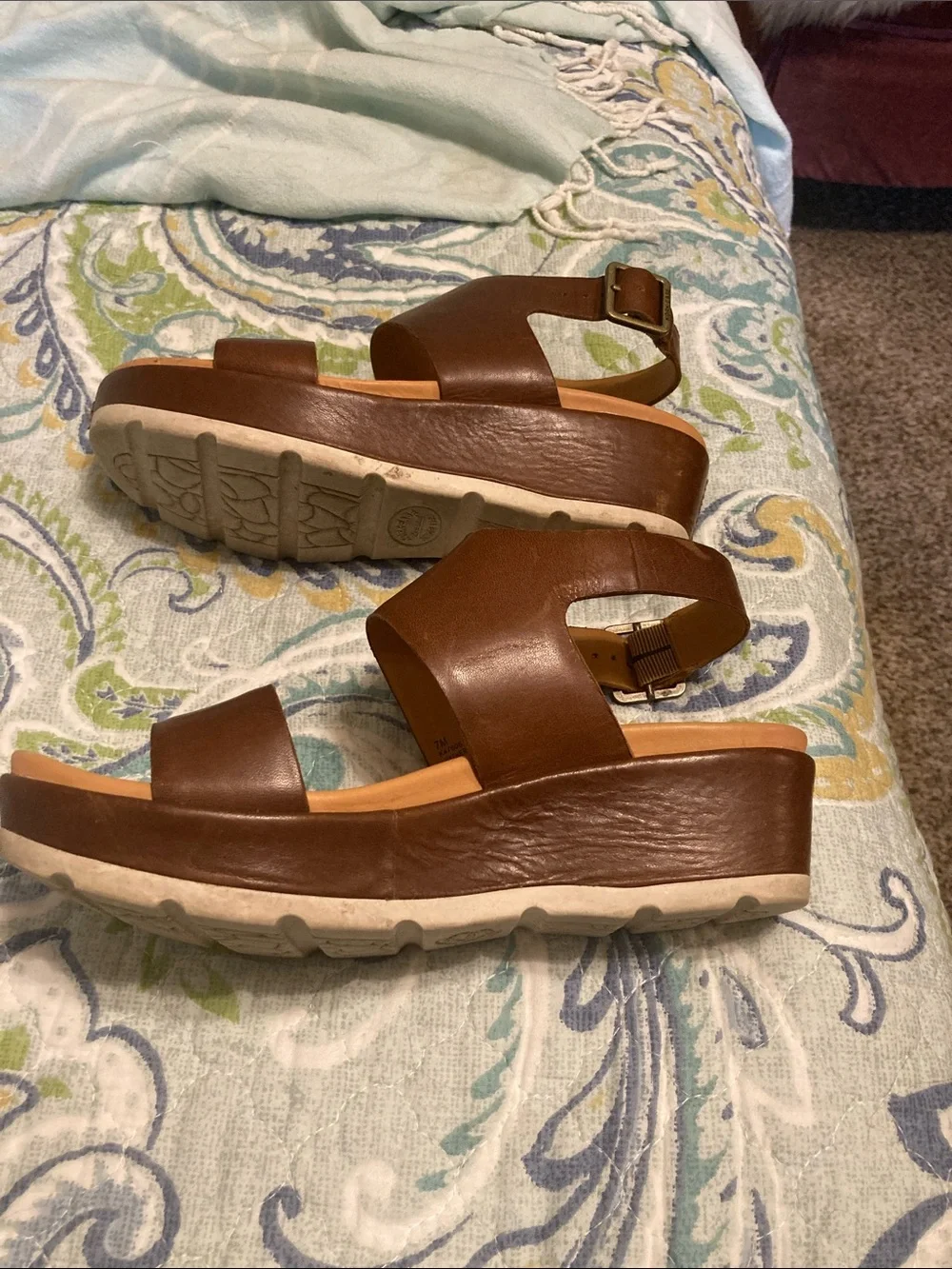 Kork-Ease Brown Leather Wedge Sandals with Buckle Ankle Strap